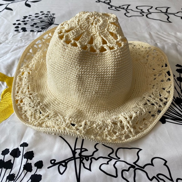 Ivory Crochet Wide Brim Hat with Flowers main image 6